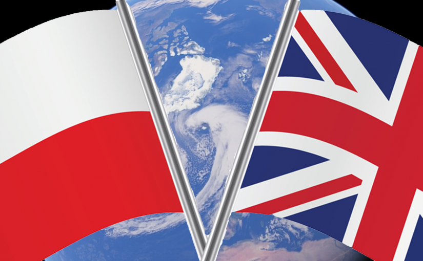 Photo of the Flag of Poland and UK infront of a globe image