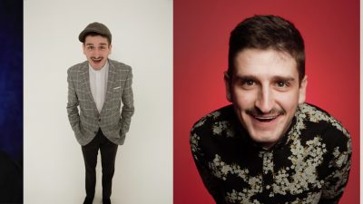 Collage of Jack wearing different outfits in the studio