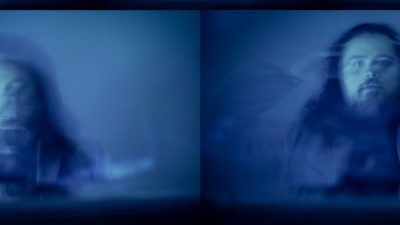 Jack Clarke's photography - on the right is a person screaming, on the left is a person looking - on a blue backdrop