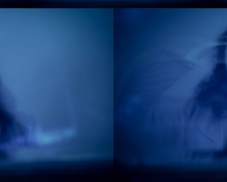 Jack Clarke's photography - on the right is a person screaming, on the left is a person looking - on a blue backdrop