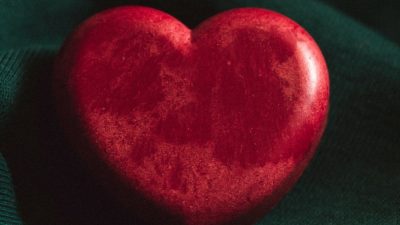Photograph of a red stone heart on a green background