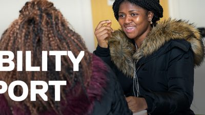 Student speaking to Disability Inclusion Adviser. Text reads: "Disability Support"