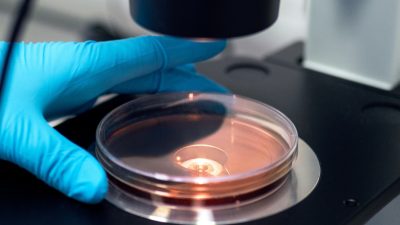 Photo of medical lab equipment with person's hand wearing blue gloves working