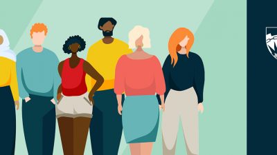Cartoon of a group of students and staff stood together united