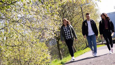 Students walking on Peel Park campus
