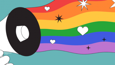 Rainbow coming out of a megaphone with stars and hearts