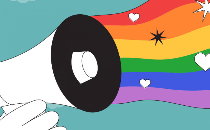 Rainbow coming out of a megaphone with stars and hearts