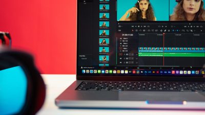 Photo of Davinci resolve open on the MacBook and camera connected through the USB cable