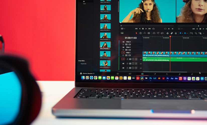 Photo of Davinci resolve open on the MacBook and camera connected through the USB cable