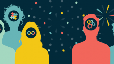 Multi coloured silhouettes with different processing styles depicted against a background of fireworks