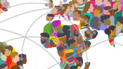 A world map made up of people's faces with lines connecting countries.