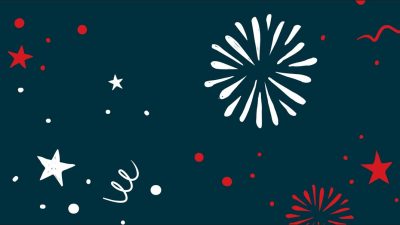 Red and white fireworks and stars over a navy background