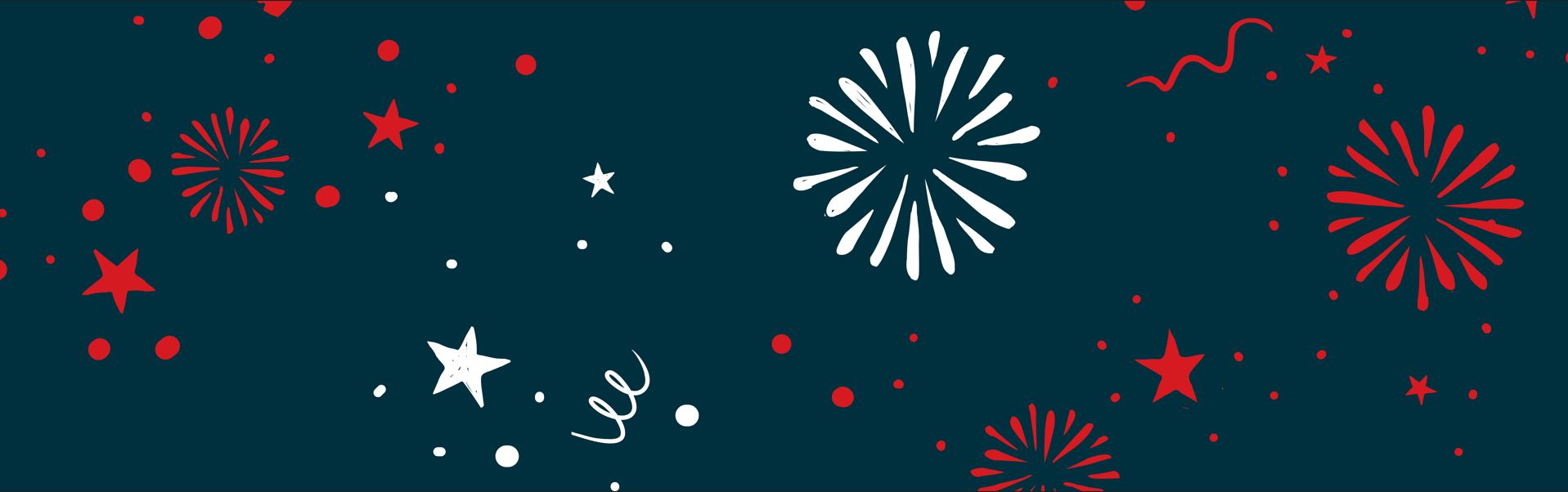 Red and white fireworks and stars over a navy background