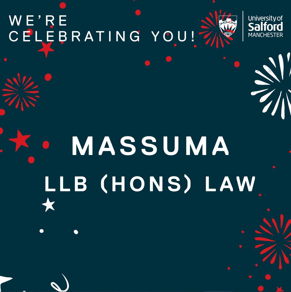 Text reads 'We're celebrating you! Massuma LLB (Hons) Law' over a background of fireworks and stars