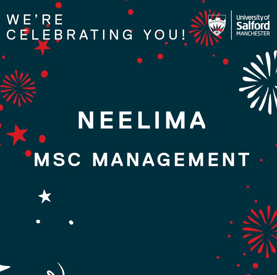 Text reads 'We're celebrating you! Neelima MSc Management' over a background of fireworks and stars