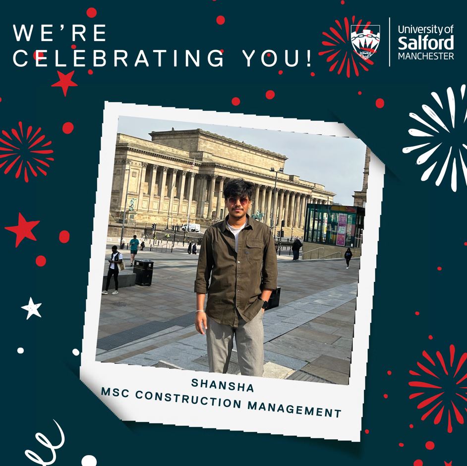 A polaroid picture of student, Shansha over a background of fireworks. Text reads 'We're celebrating you! Shansha MSc Construction Management'
