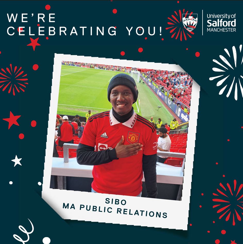 A polaroid picture of student, Sibo over a background of fireworks. Text reads 'We're celebrating you! Sibo MA Public Relations'