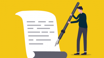 Illustration: a figure holding a human-sized fountain pen, writing a letter