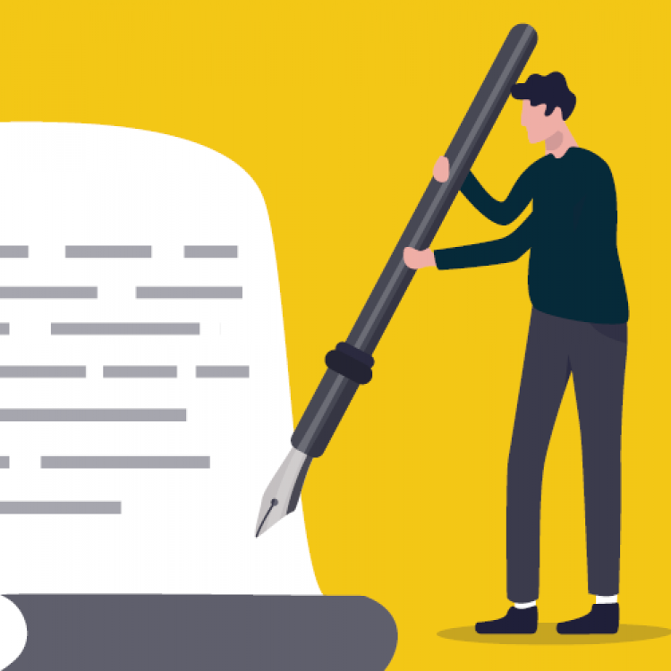 Illustration: a figure holding a human-sized fountain pen, writing a letter