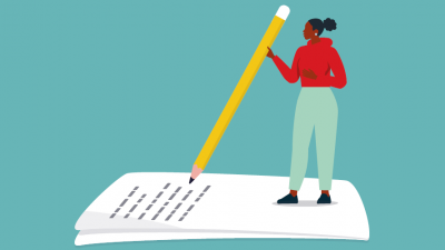 Illustration: a figure holding a human-sized pencil, writing a letter