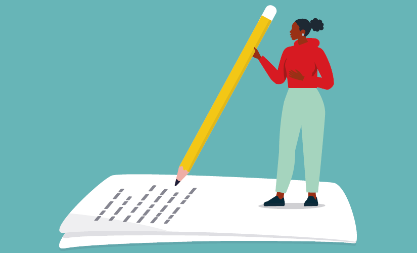 Illustration: a figure holding a human-sized pencil, writing a letter