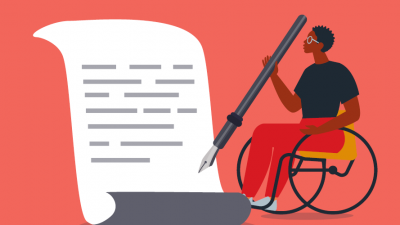 Illustration: a figure holding a human-sized pen, writing a letter