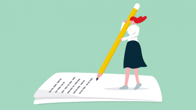 Illustration: a figure holding a human-sized pencil, writing a letter