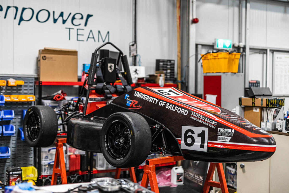 Formula Student Car with university of salford logo on it