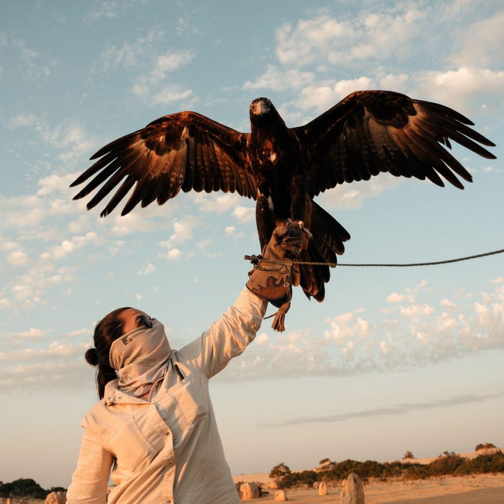 Sevim holding a falcon