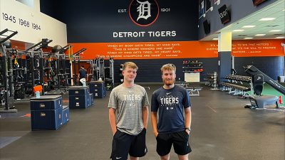 Sport Rehabilitation student Jack and fellow coursemate stood in the strength suite of Detroit Tigers