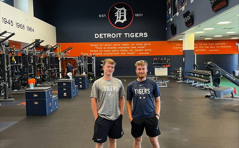 Sport Rehabilitation student Jack and fellow coursemate stood in the strength suite of Detroit Tigers