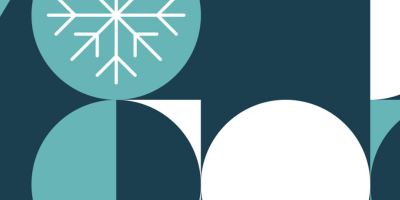 Illustrative pattern of circles and snowflakes in white and blue on a navy background