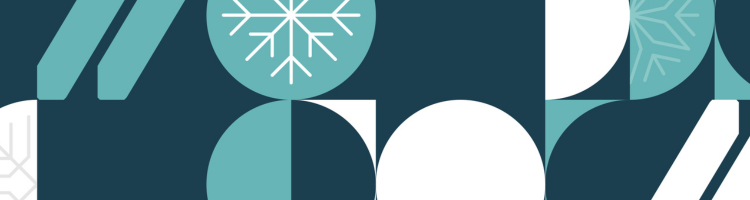 Illustrative pattern of circles and snowflakes in white and blue on a navy background