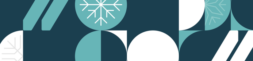 Illustrative pattern of circles and snowflakes in white and blue on a navy background