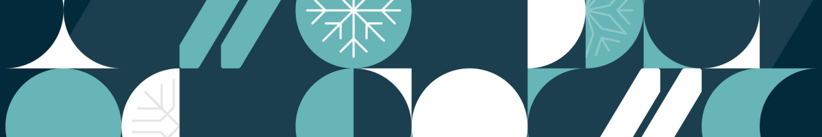 Illustrative pattern of circles and snowflakes in white and blue on a navy background