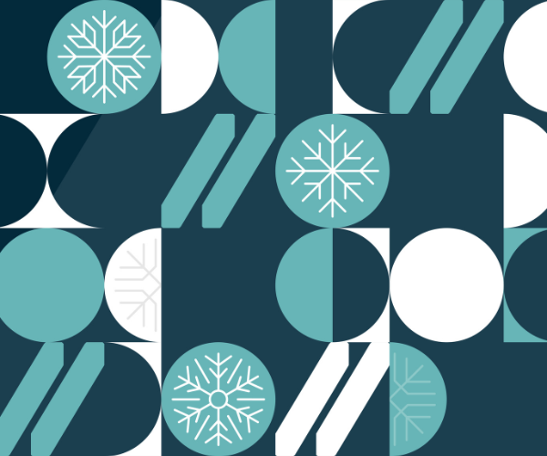 Illustrative pattern of circles and snowflakes in white and blue on a navy background