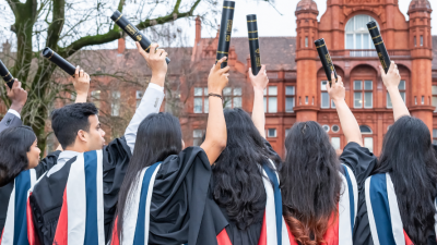 group of students at graduation holding up their scrolls