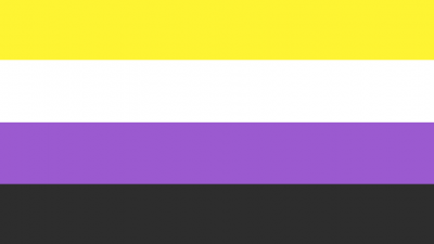 Non-binary flag consisting of a yellow, white, purple, and black stripe.