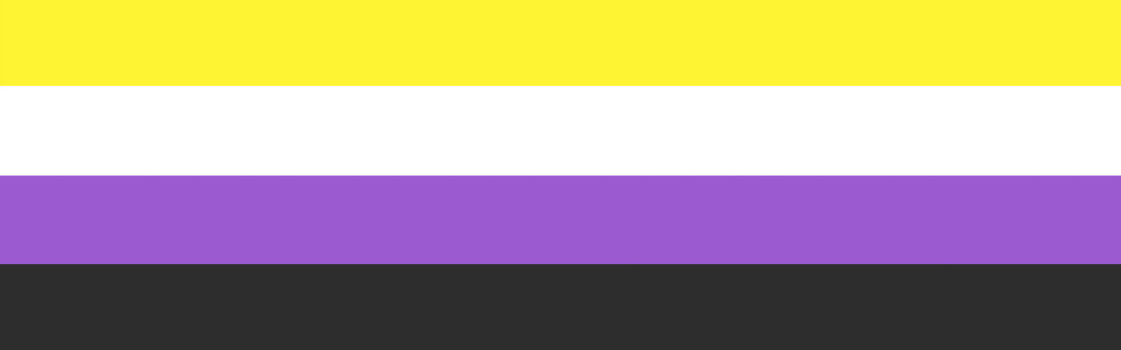 Non-binary flag consisting of a yellow, white, purple, and black stripe.