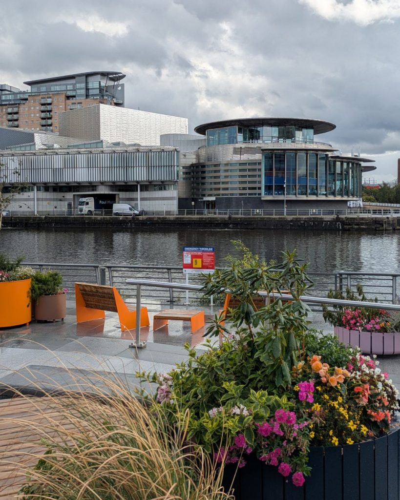 Salford Quays with the river and Lowry.
