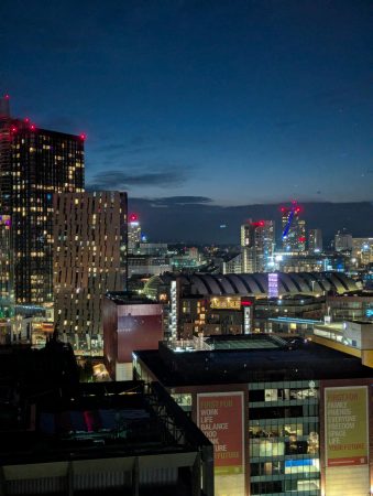 The Manchester city centre skyline at night