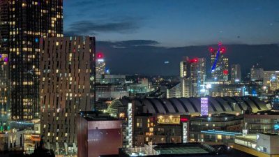The Manchester city centre skyline at night