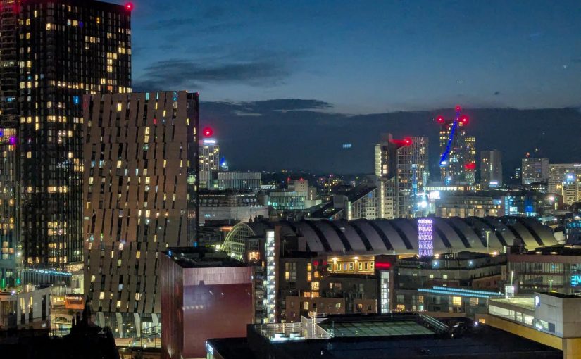 The Manchester city centre skyline at night