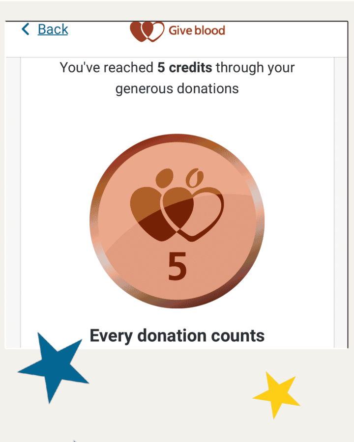 Fifth blood donation milestone medal.